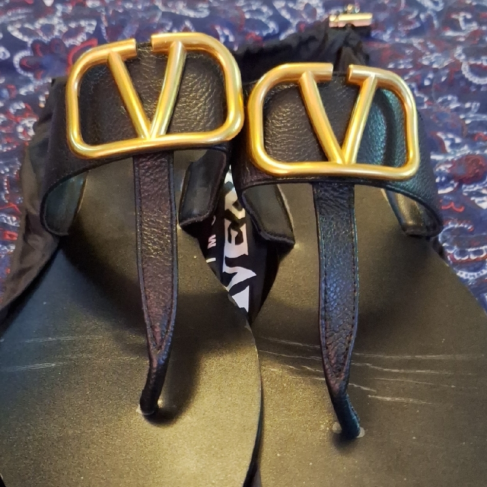 Valentino Black Sandals with Gold Accents